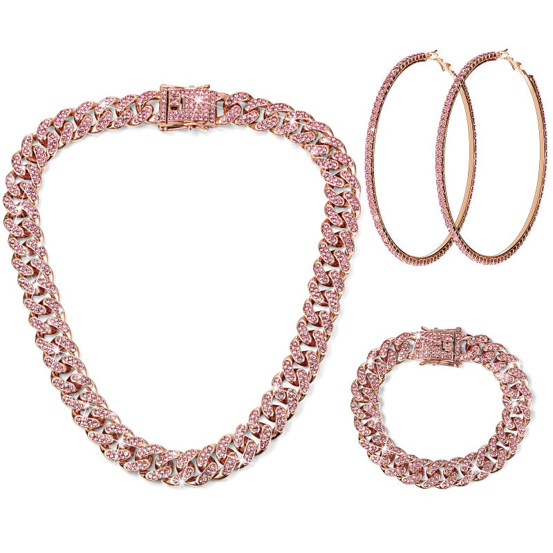 Batiyeer 3 Pcs Cuban Link Chain Necklace Bracelet Rhinestone Hoop Earrings Bling Crystal Hip Hop Jewelry for Women16 InchRose Gold Pink - Image 2
