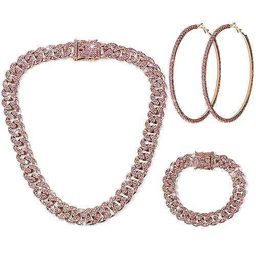 Batiyeer 3 Pcs Cuban Link Chain Necklace Bracelet Rhinestone Hoop Earrings Bling Crystal Hip Hop Jewelry for Women16 InchRose Gold Pink - Image 1