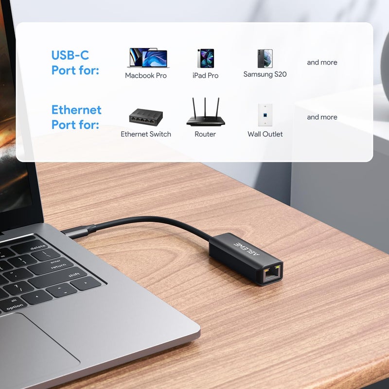 ABLEWE USB C to Ethernet Adapter, Type-C to RJ45 Gigabit Ethernet Dongle, Thunderbolt 3 to RJ45 LAN Network Adapter Compatible for MacBook Pro/Air, iPhone 15/16 Pro/Max, iPad Pro, Dell XPS (Black) - Image 4