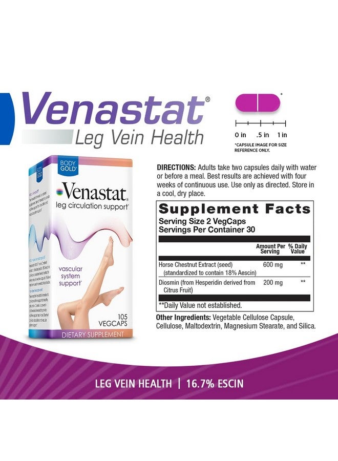 Body Gold Venastat - Leg Vein Support Supplements, Circulation Supplements with Horse Chestnut & Diosmin for Men & Women, Healthy Blood Flow - 105 Veggie Capsules - Image 2