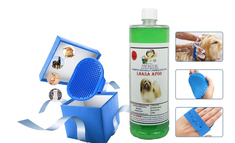 swacch Shampoo | Puppy Safe Shampoo | Lhasa Apso Dog Shampoo 1 Litre Neem Alovera + | Rubber Bath Brush with Adjustable Straps | Pet Massage | Soothing Bristles Hand Brush I Combo Pack - Image 2