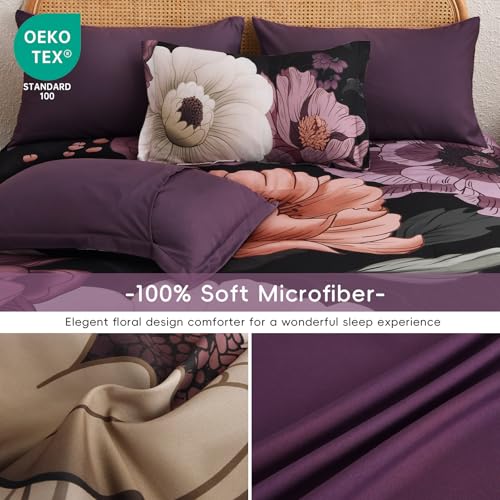 Xruibed Black Purple Floral Comforter Set Queen Size 7 Pieces Bed in a Bag Flower Bedding Sets Lightweight Boho Bed Set with Sheet,Pillowcases&Shams for All Season - Image 5