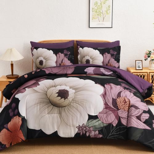Xruibed Black Purple Floral Comforter Set Queen Size 7 Pieces Bed in a Bag Flower Bedding Sets Lightweight Boho Bed Set with Sheet,Pillowcases&Shams for All Season - Image 1