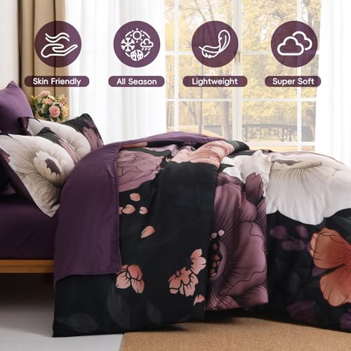 Xruibed Black Purple Floral Comforter Set Queen Size 7 Pieces Bed in a Bag Flower Bedding Sets Lightweight Boho Bed Set with Sheet,Pillowcases&Shams for All Season - Image 4