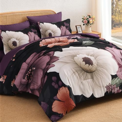 Xruibed Black Purple Floral Comforter Set Queen Size 7 Pieces Bed in a Bag Flower Bedding Sets Lightweight Boho Bed Set with Sheet,Pillowcases&Shams for All Season - Image 2