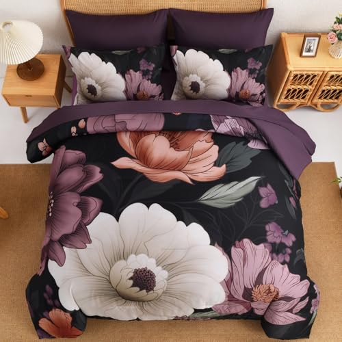 Xruibed Black Purple Floral Comforter Set Queen Size 7 Pieces Bed in a Bag Flower Bedding Sets Lightweight Boho Bed Set with Sheet,Pillowcases&Shams for All Season - Image 3