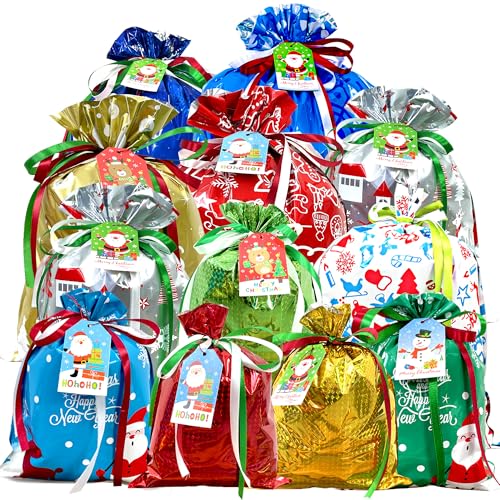 Diamerd 38PCS Christmas Drawstring Gift Bags Assorted Size Small Medium Large, Holiday Xmas Presents Wrapping Bags with Tags - Image 1