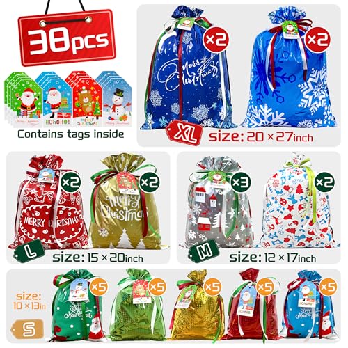 Diamerd 38PCS Christmas Drawstring Gift Bags Assorted Size Small Medium Large, Holiday Xmas Presents Wrapping Bags with Tags - Image 2