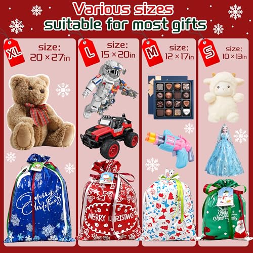 Diamerd 38PCS Christmas Drawstring Gift Bags Assorted Size Small Medium Large, Holiday Xmas Presents Wrapping Bags with Tags - Image 3