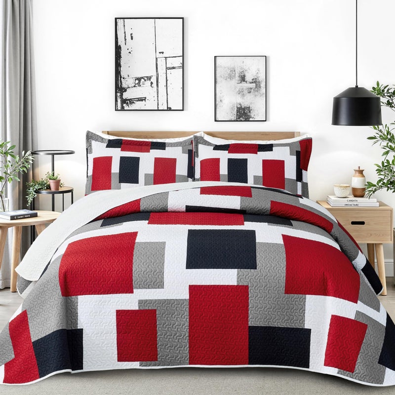 Tyrot 3 Piece Red Black Grey Quilt Set King Size Christmas Red Black Geometric Reversible Bedding Set Microfiber Lightweight Bedspread Coverlet with 2 Shams Modern Bed Cover for All Season, 106''x96'' - Image 1