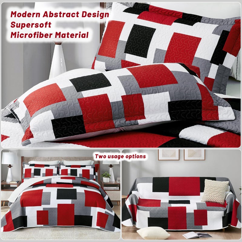 Tyrot 3 Piece Red Black Grey Quilt Set King Size Christmas Red Black Geometric Reversible Bedding Set Microfiber Lightweight Bedspread Coverlet with 2 Shams Modern Bed Cover for All Season, 106''x96'' - Image 3