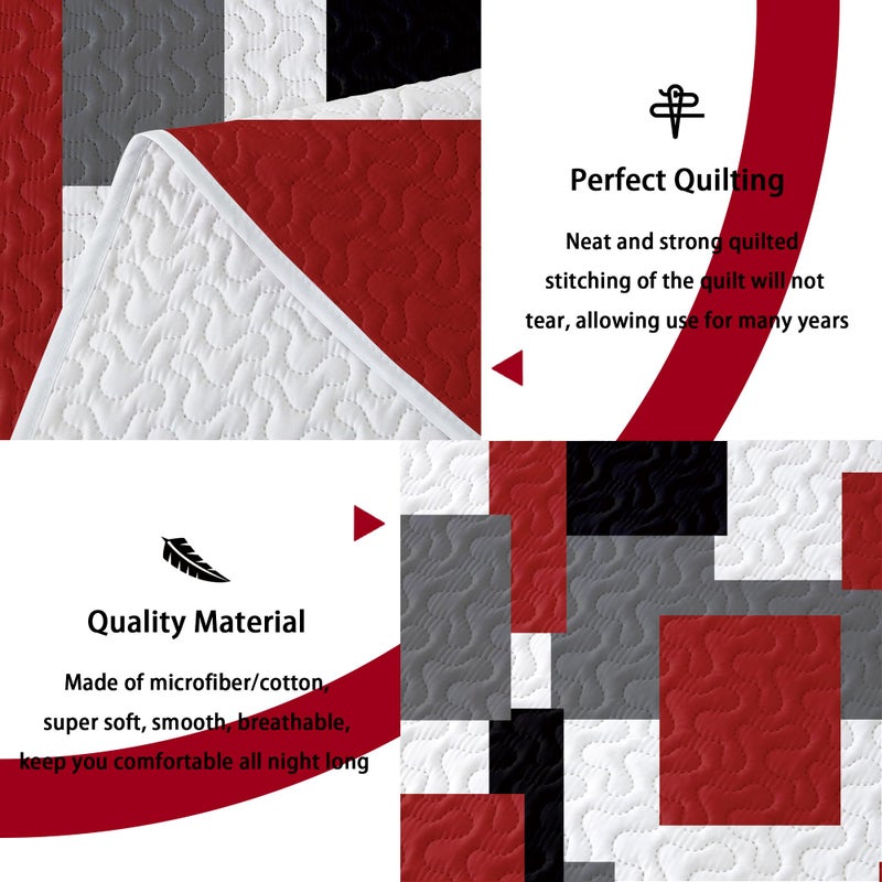 Tyrot 3 Piece Red Black Grey Quilt Set King Size Christmas Red Black Geometric Reversible Bedding Set Microfiber Lightweight Bedspread Coverlet with 2 Shams Modern Bed Cover for All Season, 106''x96'' - Image 4