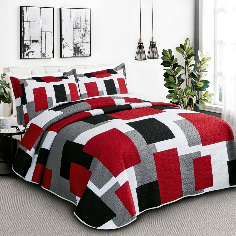 Tyrot 3 Piece Red Black Grey Quilt Set King Size Christmas Red Black Geometric Reversible Bedding Set Microfiber Lightweight Bedspread Coverlet with 2 Shams Modern Bed Cover for All Season, 106''x96'' - Image 2