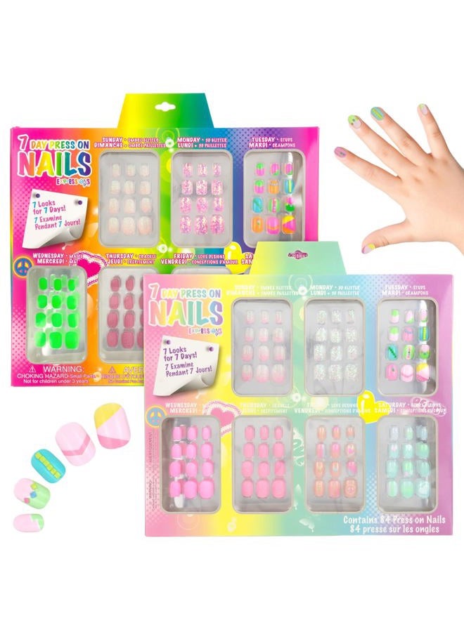 Expressions Girl 7 Day Manicure Collection - 84PC Press On Nail Set, Day-of-The-Week Adhesive False Nails for Girls (Set of Brights or Pastels) – Colorful Novelty Designs Stick On Nails for Kids - Image 1