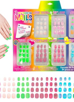 Expressions Girl 7 Day Manicure Collection - 84PC Press On Nail Set, Day-of-The-Week Adhesive False Nails for Girls (Set of Brights or Pastels) – Colorful Novelty Designs Stick On Nails for Kids  - Image 2