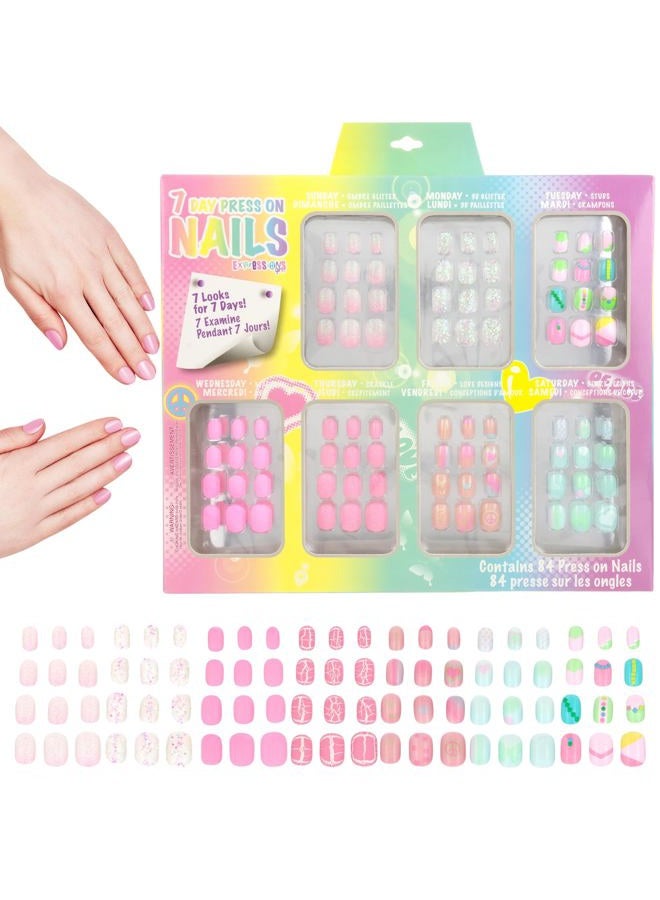 Expressions Girl 7 Day Manicure Collection - 84PC Press On Nail Set, Day-of-The-Week Adhesive False Nails for Girls (Set of Brights or Pastels) – Colorful Novelty Designs Stick On Nails for Kids - Image 3