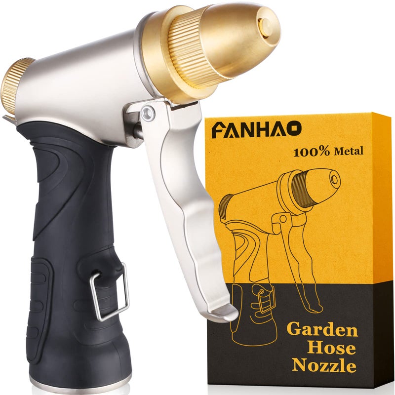 FANHAO Garden Hose Nozzle, 100% Heavy Duty Metal Spray Nozzle High Pressure Water Nozzle with 4 Patterns for Watering Garden, Washing Cars and Showering Pets - Full Brass Nozzle & Non-Slip Grip - Image 1