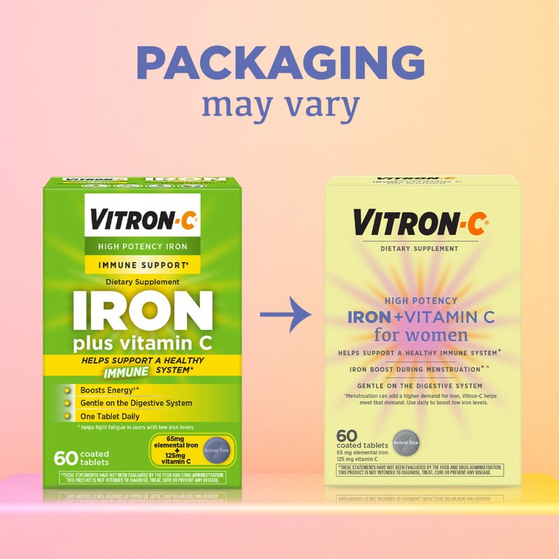 Vitron-C High Potency Iron Supplement, Immune Support, 125mg Vitamin C, 60 Count, Pack of 1 - Image 2