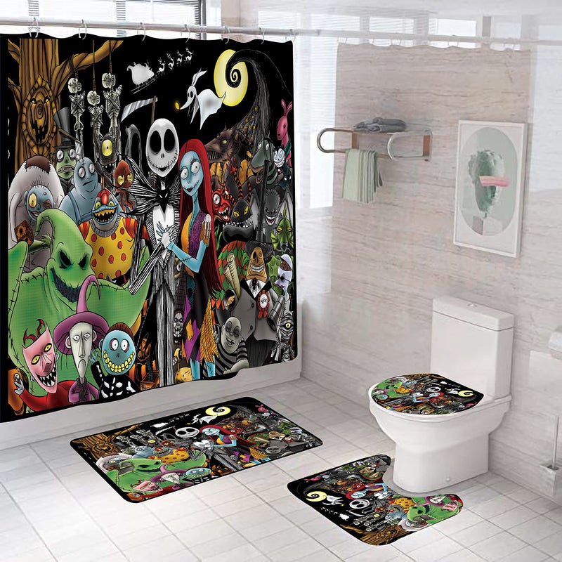 DDSDUDES 4Pcs Christmas Shower Curtain Sets Kids Bathroom Halloween Decor with 12 Curtain Hooks for Bathroom Waterproof 71 x 71 inch D17