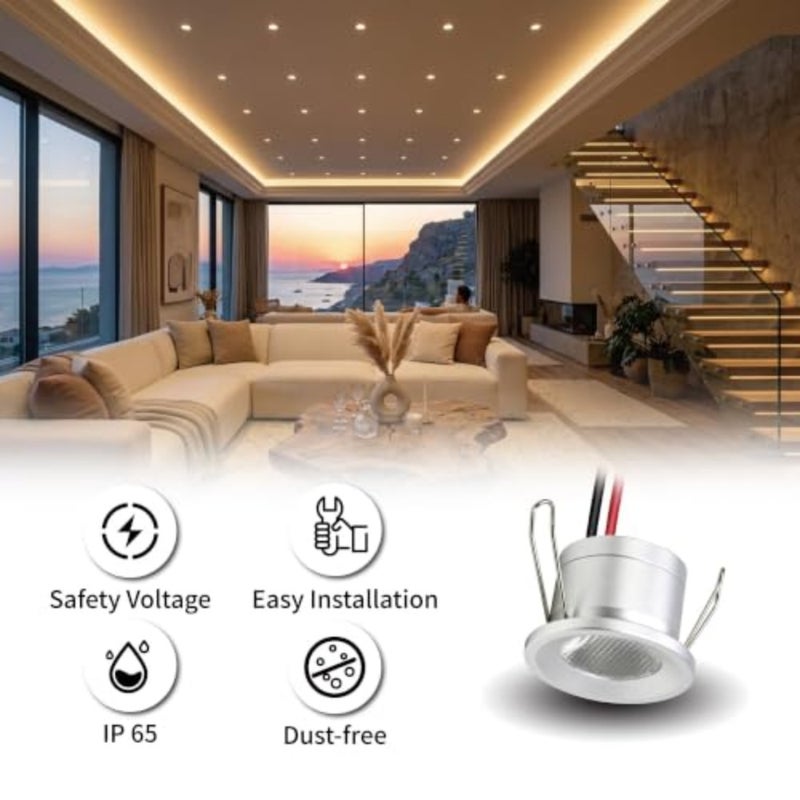 Mini LED Downlights 1W, DC12V IP65 Waterproof 25mm Small Ceiling Spotlight, 3000K Warm White, Under Cabinet Lighting for Kitchen, Stairs, Hallway, Showcase, 2 Pack - Image 3