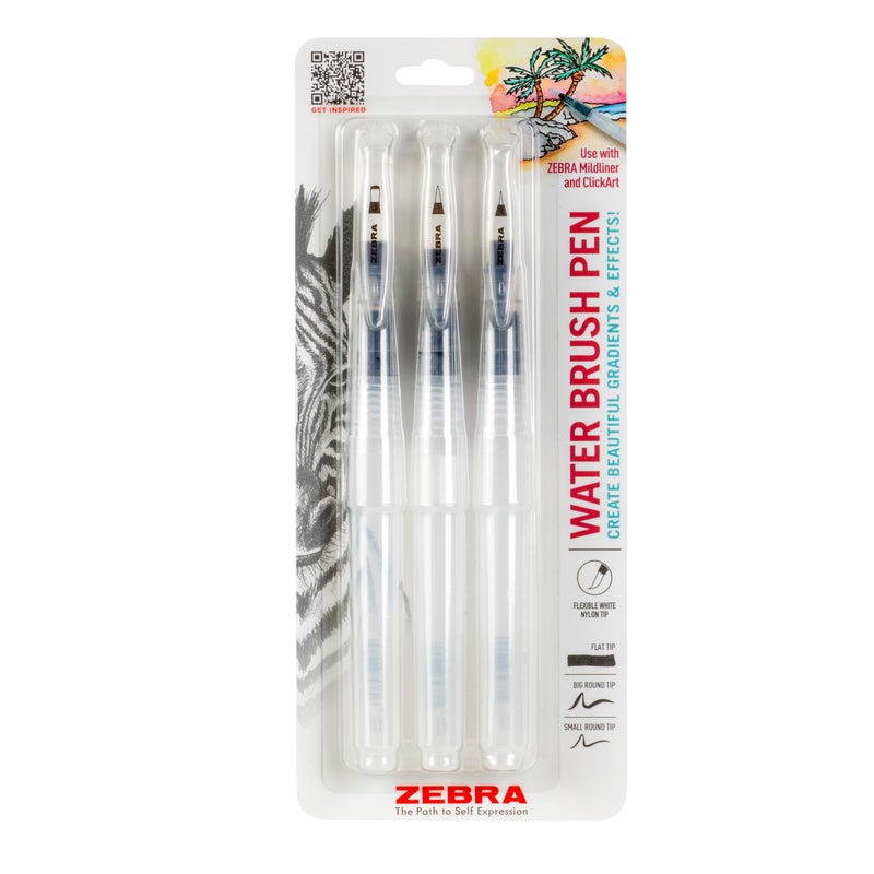 Zebra Pen Water Brush Pens, Set of 3, Watercolor Pens Set, 3 Flexible Nylon Brush Tip, Sizes: Large, Small, and Flat, Refillable Water Brush Pen, Ideal Watercolor Tool (79323) - Image 1