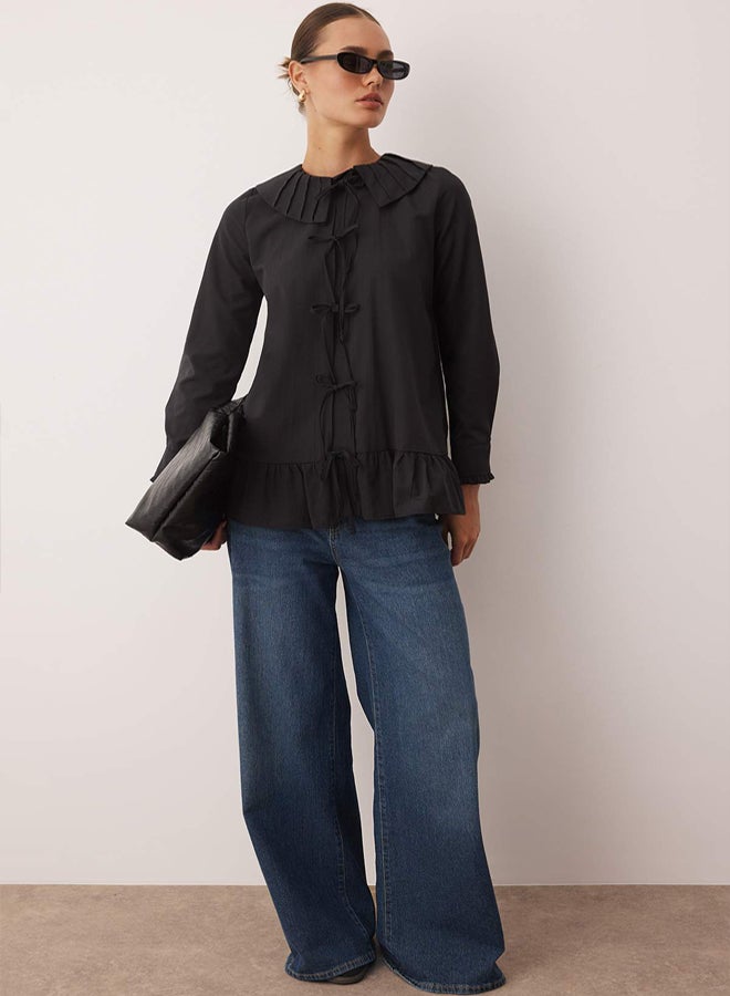 trendyol Black Regular Terrycotton Plain Woven Ruffle Detailed Hijab Shirt - Image 2