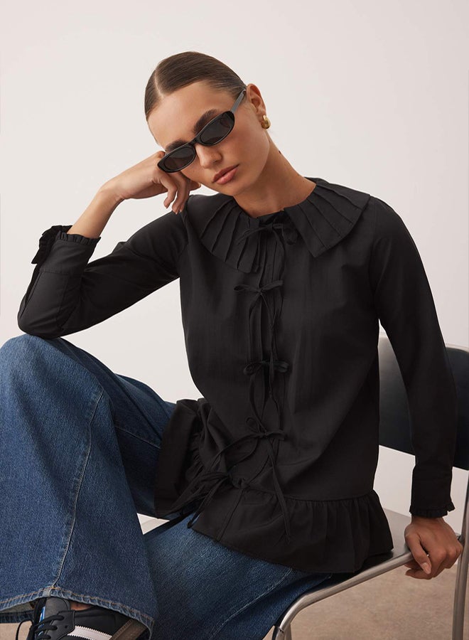trendyol Black Regular Terrycotton Plain Woven Ruffle Detailed Hijab Shirt - Image 1