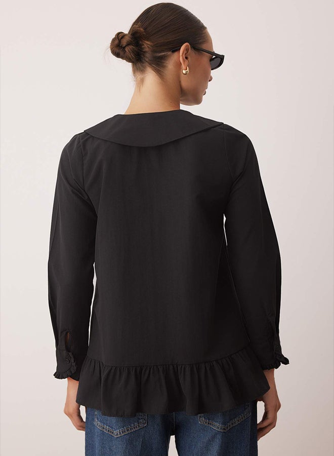 trendyol Black Regular Terrycotton Plain Woven Ruffle Detailed Hijab Shirt - Image 4