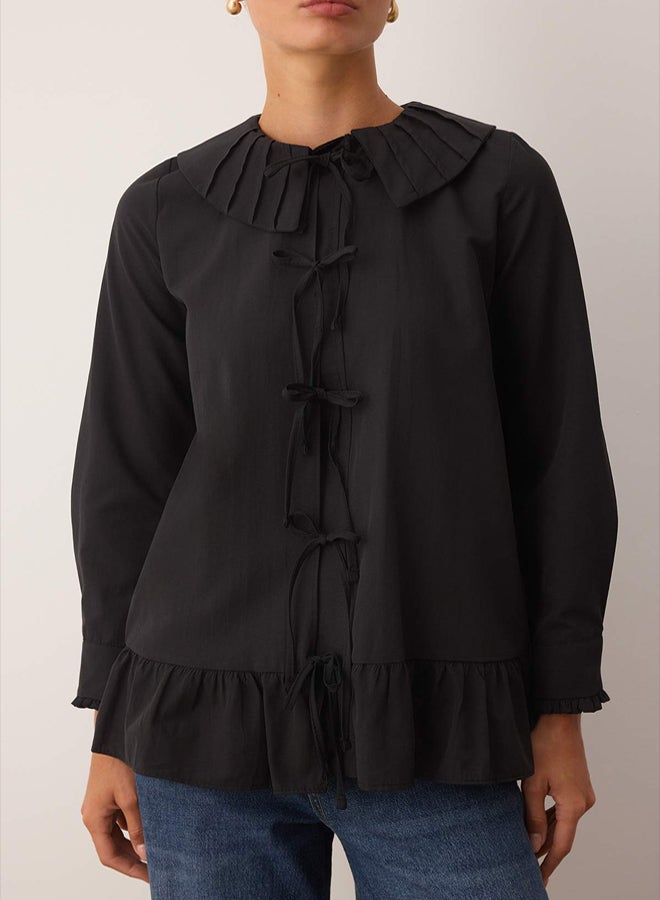 trendyol Black Regular Terrycotton Plain Woven Ruffle Detailed Hijab Shirt - Image 3