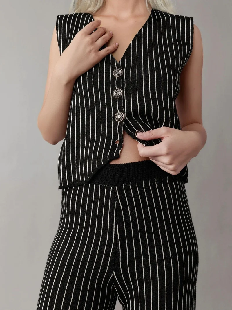 My Fashion Black MY FASHION Striped Knit Co-Ord Set with V-Neck Vest and Wide Leg Pants for Women | Best Price UAE