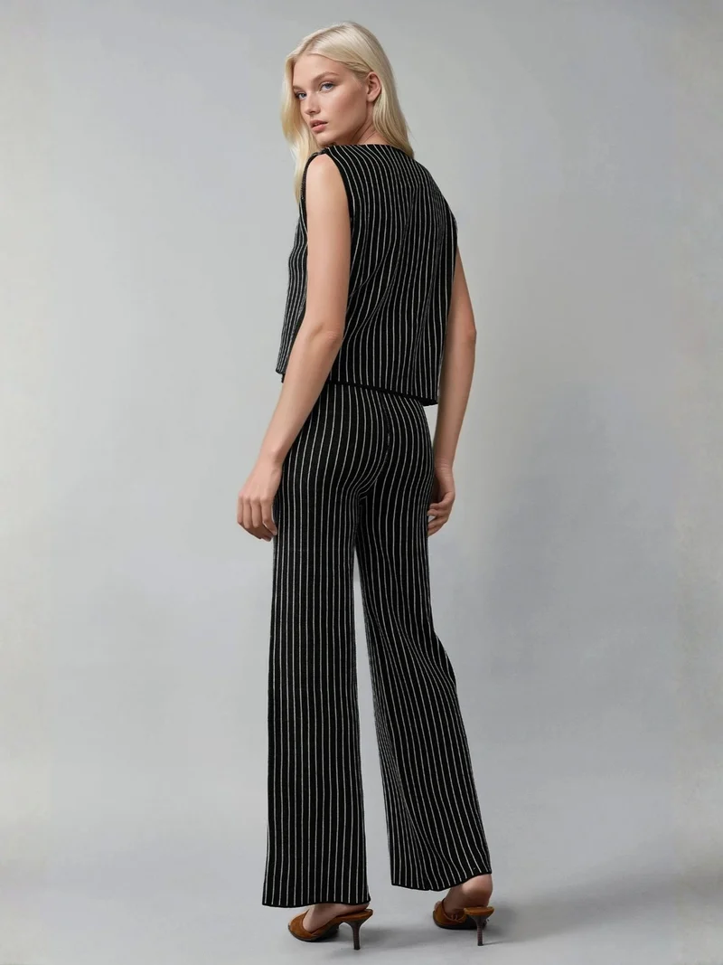 My Fashion Black MY FASHION Striped Knit Co-Ord Set with V-Neck Vest and Wide Leg Pants for Women | Best Price UAE