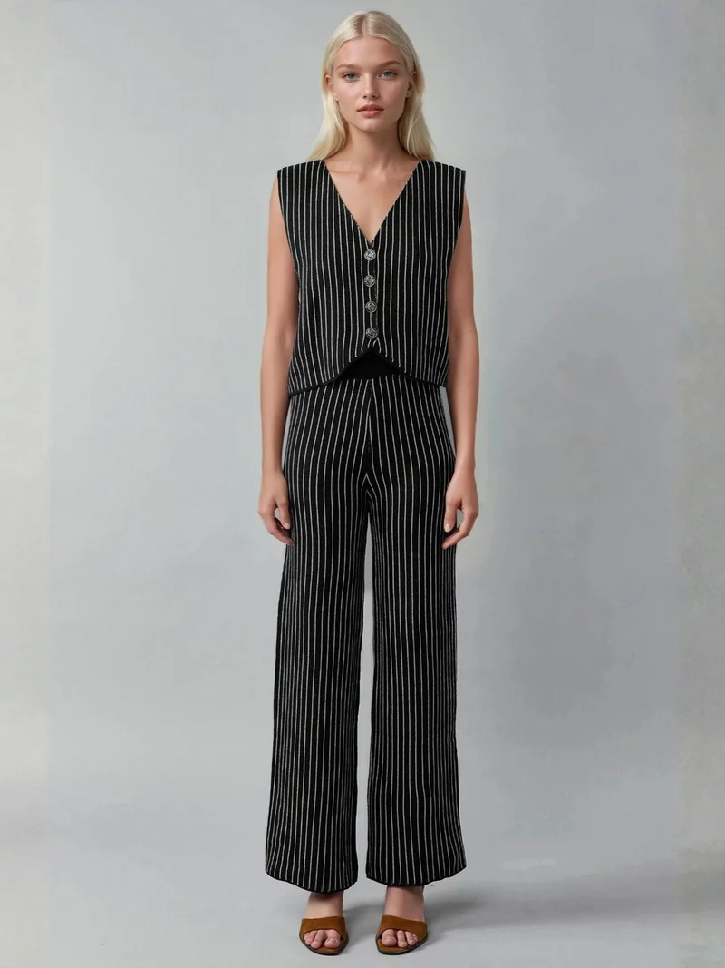 My Fashion Black MY FASHION Striped Knit Co-Ord Set with V-Neck Vest and Wide Leg Pants for Women | Best Price UAE