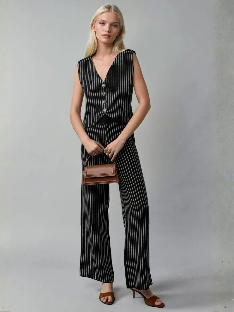 MY FASHION MY FASHION Striped Knit Co-Ord Set with V-Neck Vest and Wide Leg Pants