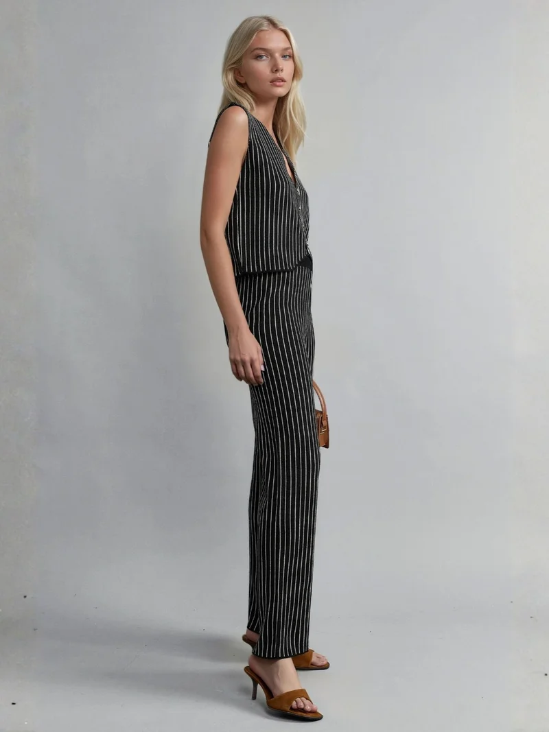 MY FASHION MY FASHION Striped Knit Co-Ord Set with V-Neck Vest and Wide Leg Pants