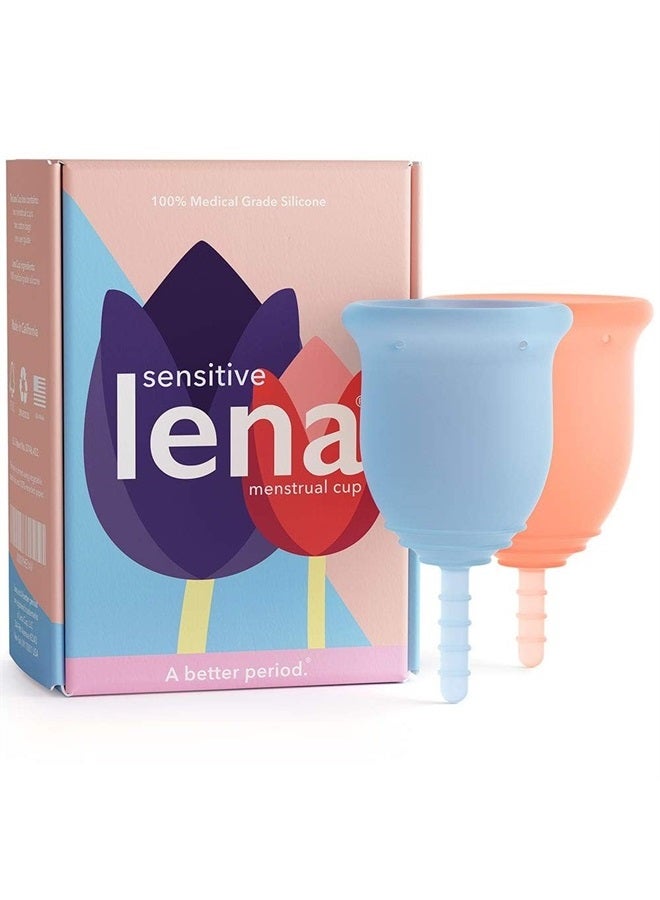 Lena Sensitive Menstrual Cup - Reusable, Soft Silicone, Super Heavy Flow, Postpartum, Experienced User - Ideal Alternative to Tampons, Pads, Period Underwear - Small Blue, Large Coral - 2 Count  - Image 1
