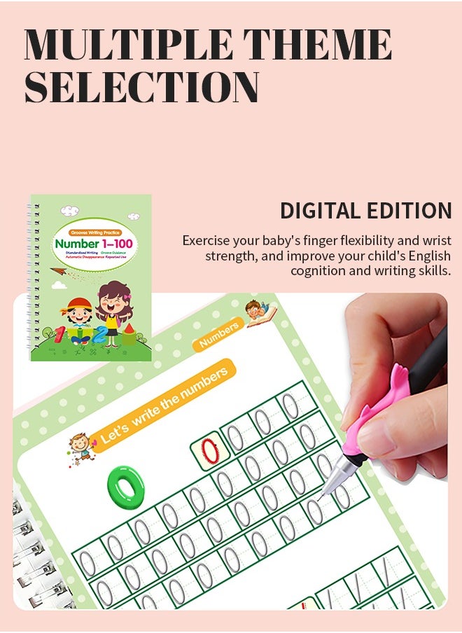 4 Pcs Handwriting Copybook Magic Calligraphy Practice Book For Kids，Reusable Tracing Practice kit. Included Easy Grip Pen & Refill，Includes Math & Number Learning, Alphabet & Drawing/A5