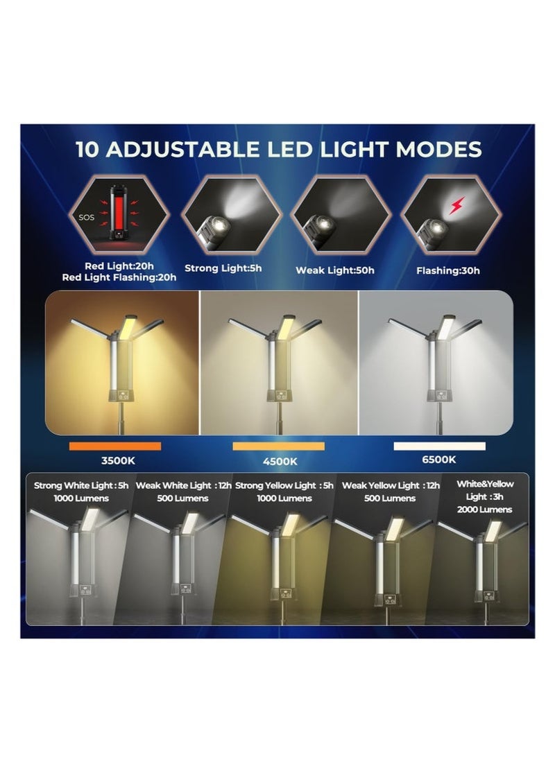 مصباح عمل قابل لإعادة الشحن مع حامل، مصباح عمل LED مع حامل قابل للطي محمول، مصباح عمل يعمل بالبطارية للاستخدام اللاسلكي، مصابيح بناء تخييم خارجية بقوة 2000 لومن - Image 3