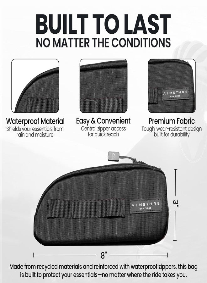 ALMSTHRE Top Tube Bag 8'' x 2'' x 3'' - Midnight Black | Waterproof, Secure & Stable – Universal Bike Storage with Versatile Mounting – Fits Essentials | Adventure-Ready Cycling Gear - Image 2