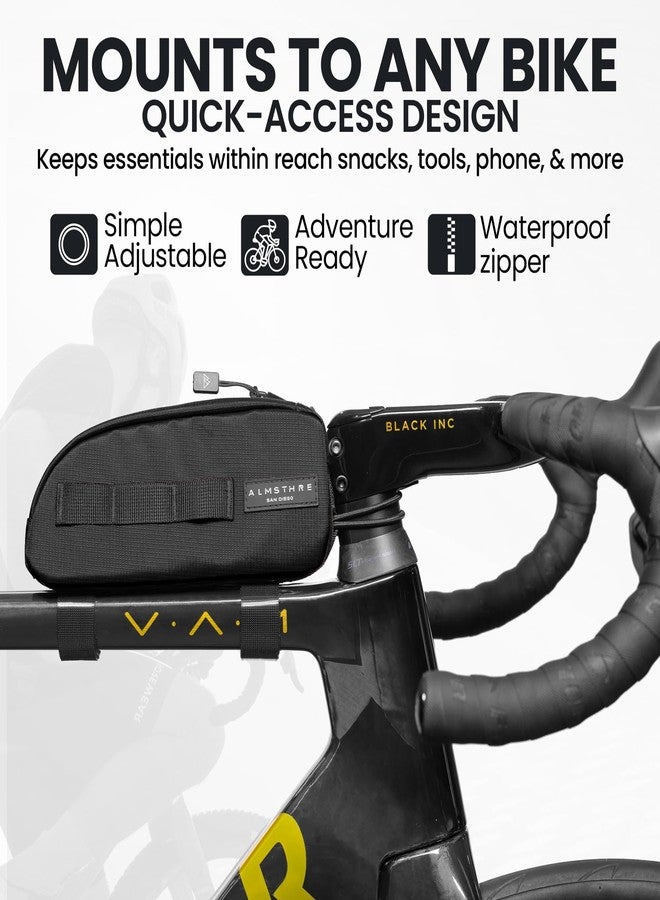 ALMSTHRE Top Tube Bag 8'' x 2'' x 3'' - Midnight Black | Waterproof, Secure & Stable – Universal Bike Storage with Versatile Mounting – Fits Essentials | Adventure-Ready Cycling Gear - Image 3