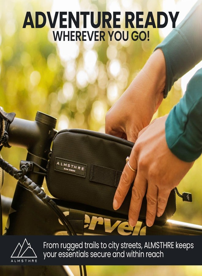 ALMSTHRE Top Tube Bag 8'' x 2'' x 3'' - Midnight Black | Waterproof, Secure & Stable – Universal Bike Storage with Versatile Mounting – Fits Essentials | Adventure-Ready Cycling Gear - Image 4