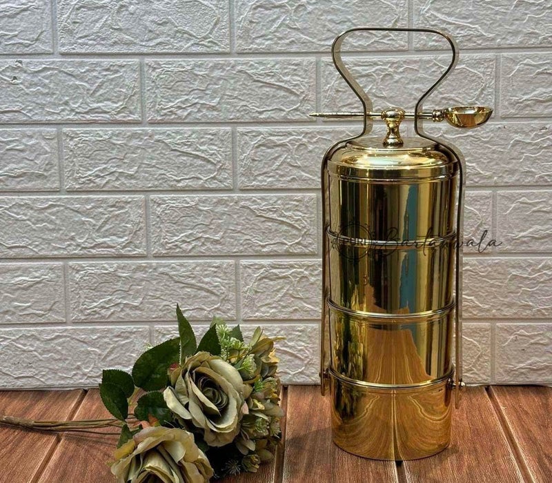 PURI - Pure Brass/Pital Tiffin/Lunch Box - 4 Compartment of 650 ML Each - Hand Crafted in India - Vintage Style - Image 4