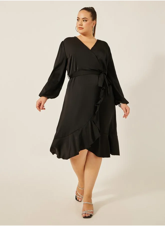 ستايلي Plus Size Balloon Sleeve Wrap Midi Dress