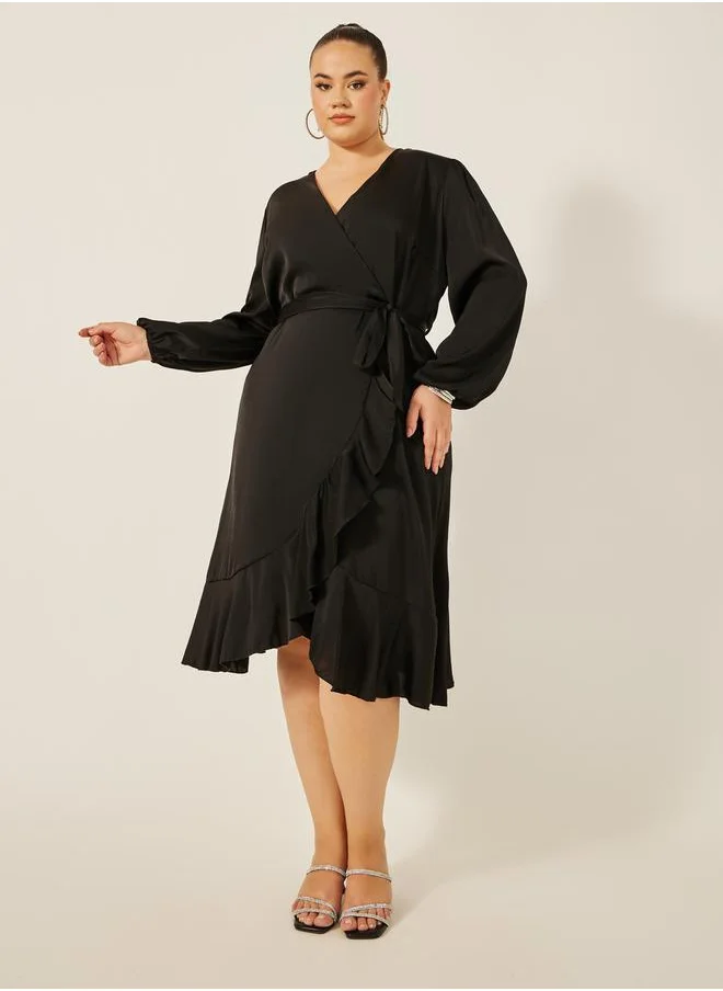 ستايلي Plus Size Balloon Sleeve Wrap Midi Dress