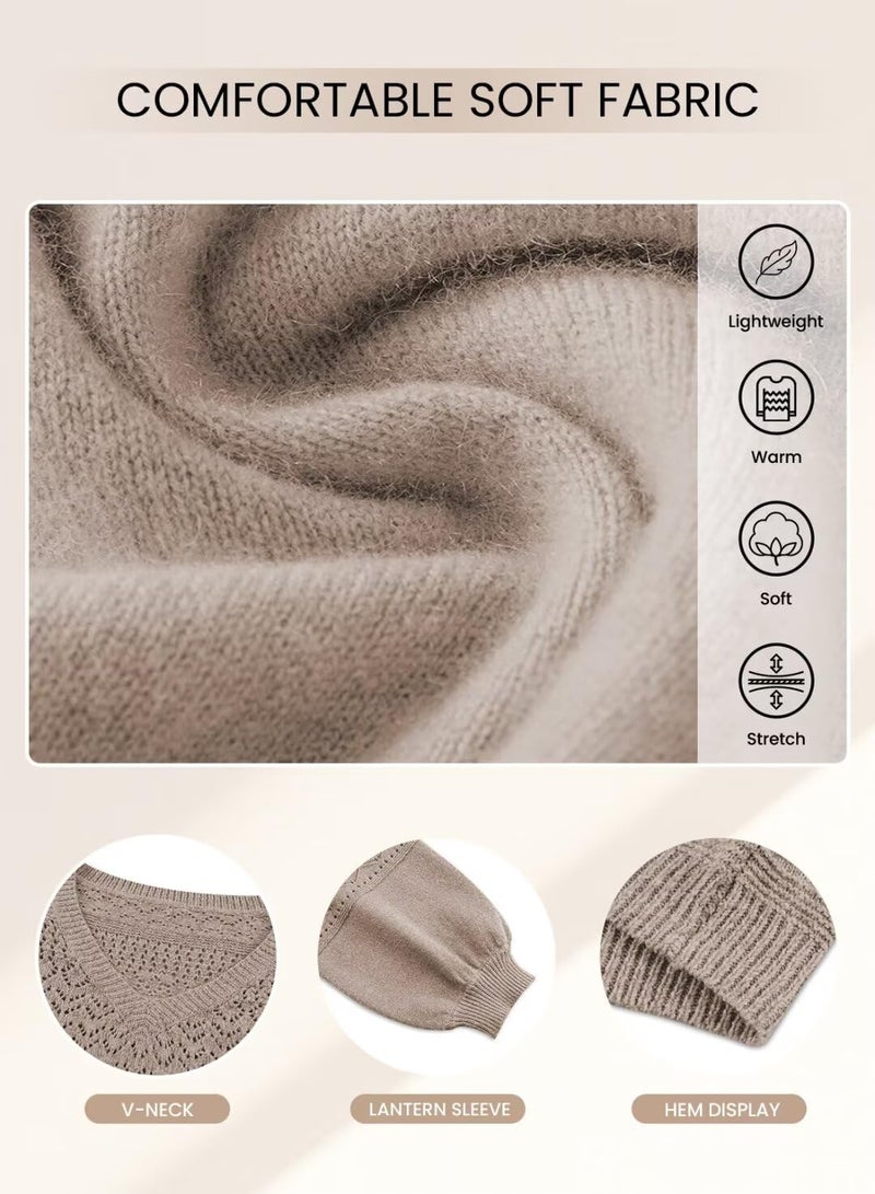 FEKOAFE V Neck Hollow Out Sweaters for Women 2026 Fall Winter Long Sleeve Crochet Sweaters Tops Deep Apricot Large - Image 5