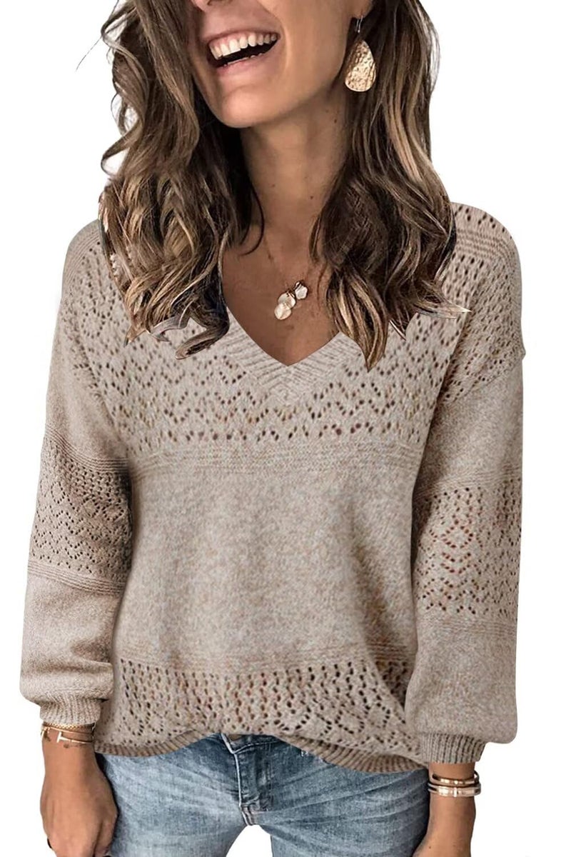 FEKOAFE V Neck Hollow Out Sweaters for Women 2026 Fall Winter Long Sleeve Crochet Sweaters Tops Deep Apricot Large - Image 1