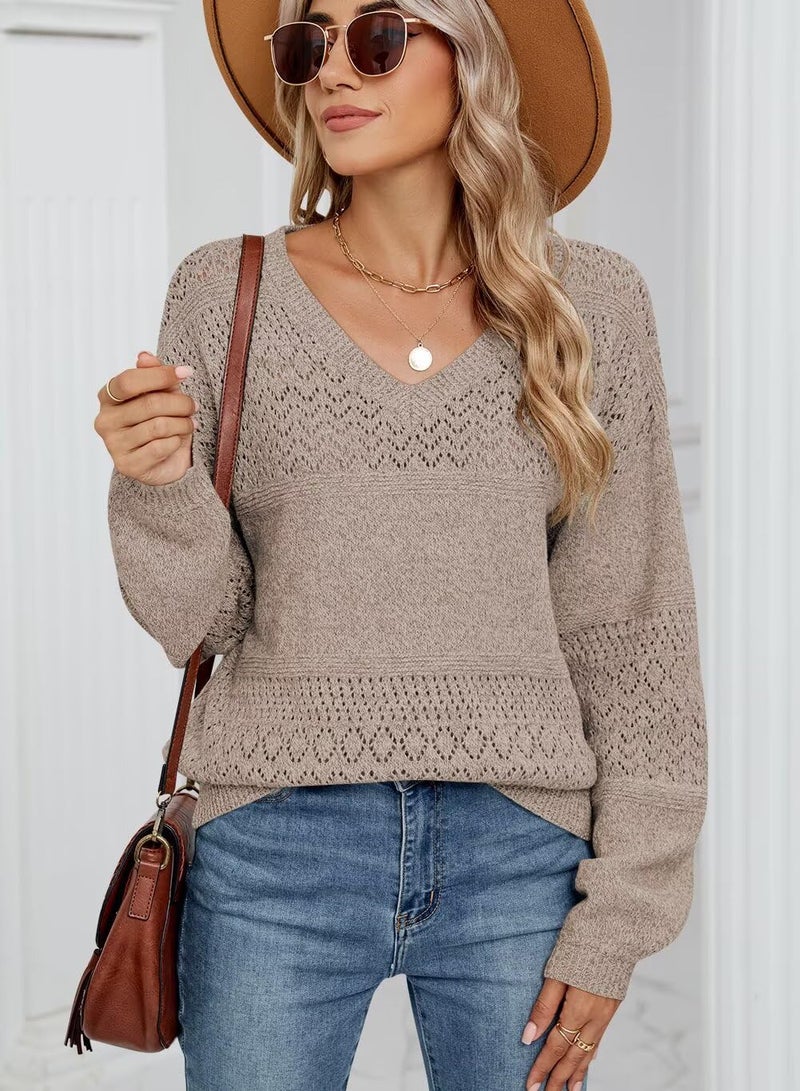 FEKOAFE V Neck Hollow Out Sweaters for Women 2026 Fall Winter Long Sleeve Crochet Sweaters Tops Deep Apricot Large - Image 2