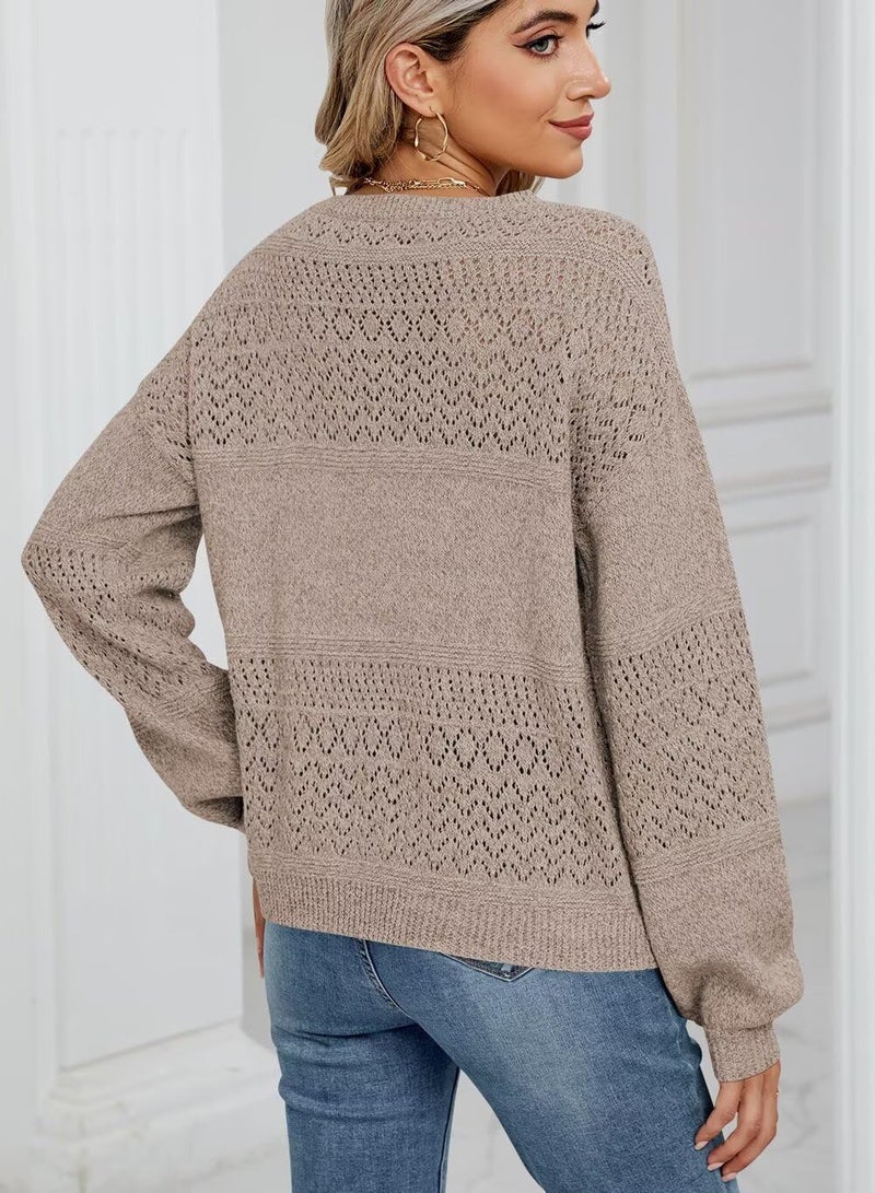 FEKOAFE V Neck Hollow Out Sweaters for Women 2026 Fall Winter Long Sleeve Crochet Sweaters Tops Deep Apricot Large - Image 4