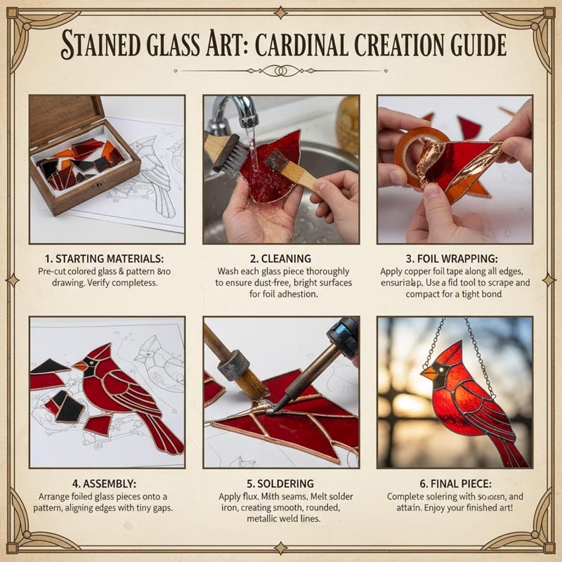 LemonRoad 1 Set Unfinished Cardinal Pre Cut Stained Glass DIY Stained Glass Craft Kit with Solder Wire, Gel Flux, Flux Brush for Adult Make Your Own Beautiful Art Handcrafts for Home Decor - Image 3
