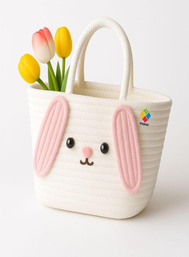DYARCHY Cute Design Cotton Rope Storage Basket with Handles, White and Pink (PINK) - Image 1