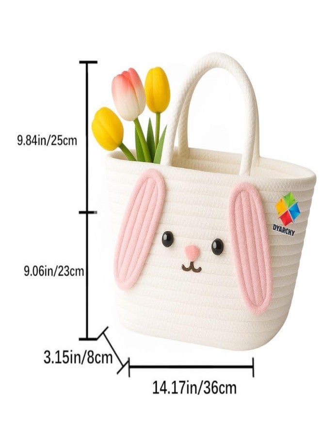 DYARCHY Cute Design Cotton Rope Storage Basket with Handles, White and Pink (PINK) - Image 2